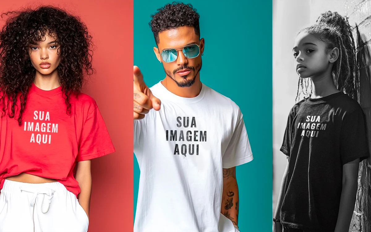 Três modelos com camisetas para personalização