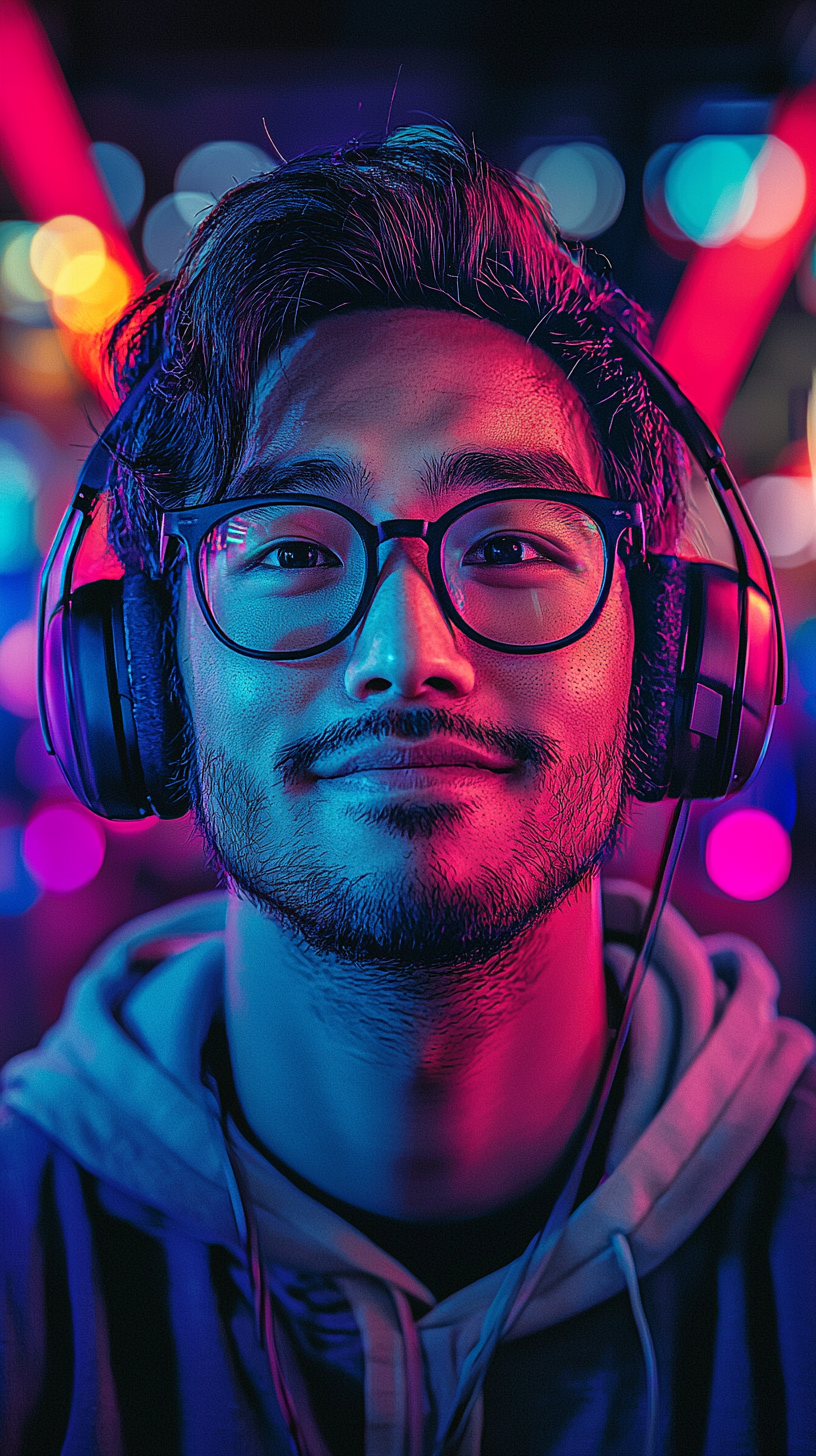 dougeli_Front_View_neon_photo_man_Japanese_Game_player_smiling__14c319e3 ee85 475e a528 66d6ce54