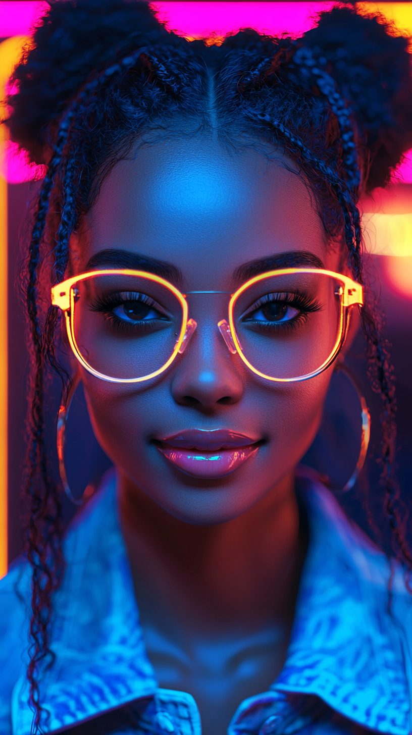 dougeli_Front_View_neon_photo_woman_dark_skin_Game_player_smili_8b3d02ba 9b1d 4f55 8a44 f6c61f8e