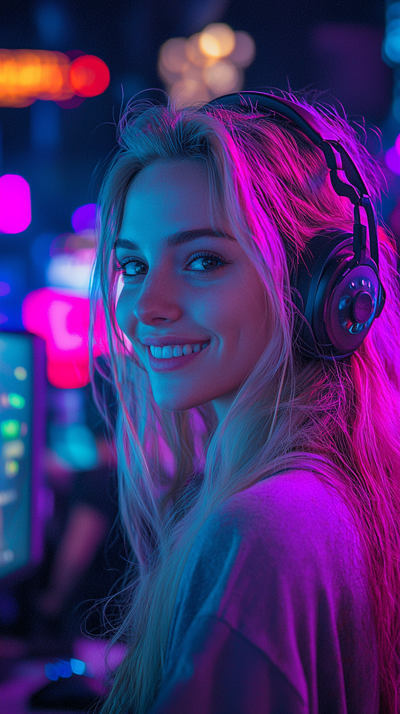 dougeli_cyberpunk_neon__Game_player_smiling_unsplash__Realistic_66de8e33 79ed 4b1d 847e dfd72390